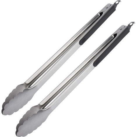 2 Pinces à barbecue, 40 cm, Acier inoxydable, Poignées caoutchoutées, Dents rondes, Pour grillade et service (1/5)