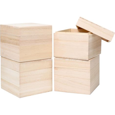 4 Pièces Petite Boîte en Bois Brut 11x11x9.8cm Boîte de Rangement Bois avec Couvercle Supérieur,Carrée Coffret en Bois Non Peinte pour Travaux Manuels et Rangement Maison (1/5)