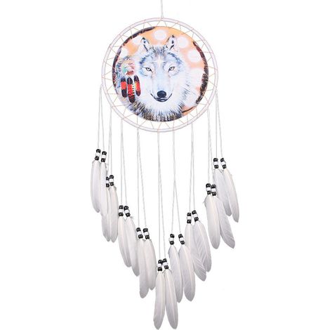 Dream Catcher - Tête De Loup Main - Anneau En Fer 20 Cm - Plumes Naturelles Blanches - Décoration Murale Salle De Séjour Fenêtre Voiture - 1 Pièce (1/5)