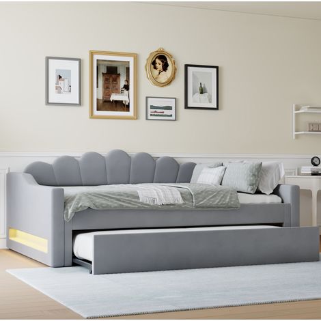 Letto imbottito in lino grigio 140x200 cm con letto estraibile e LED, rete a doghe inclusa (1/5)