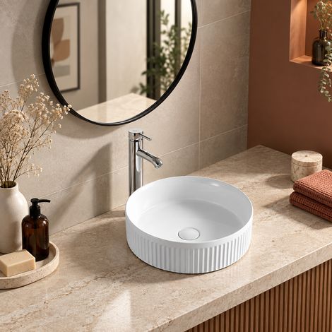 Lavabo da apoggio rotondo scanalato in ceramica CORBIN bianco lucido (1/5)