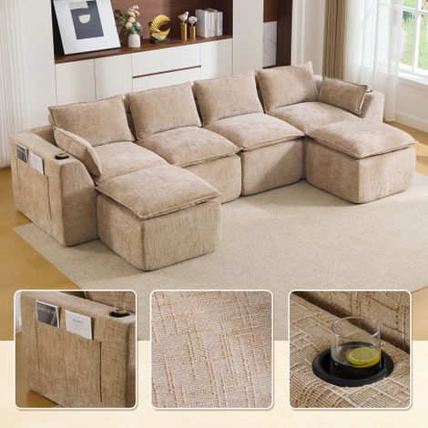 Modulares 4-Sitzer-Sofa (2 Fußhocker), Kissen, Getränkehalter, 2 Seitentaschen, Schaum-/Federkern, schnell rückfedernd. Frei kombinierbar, ideal für Wohnzimmer u.ä.(khaki-farbener Chenille-Stoff)
