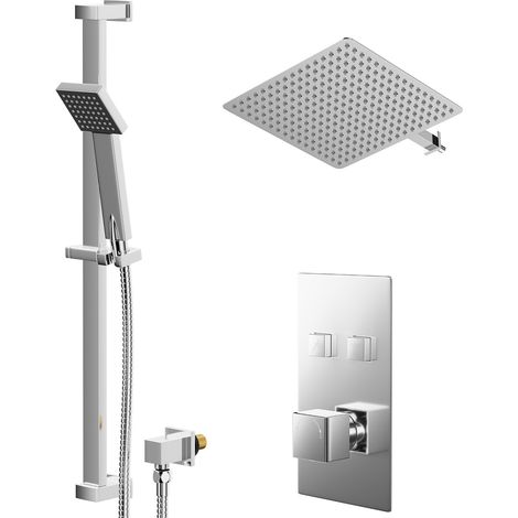Cubix Polished Chrome Concealed Push Button Twin Shower Valve and 400mm Thin Square Fixed Head with Wall Arm and Thames Slide Rail Kit with Square Elbow - 2 Outlet (1/5)