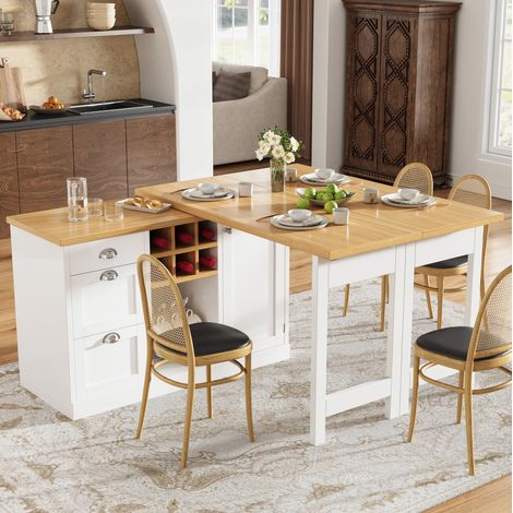 Tavolo bar allungabile 120-197x40 cm, girevole a 360°, con vano portaoggetti e portabottiglie, in MDF bianco. (1/5)