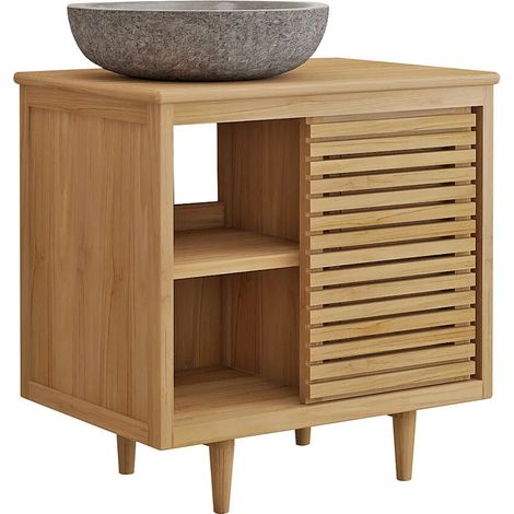 Mobile bagno su piedini in teak con lavabo da appoggio rotondo in pietra di fiume grigia L80 cm - TORAJA (1/5)