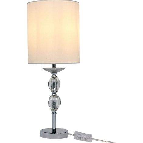 Lámpara de mesa Relaxdays, base de cristal, pantalla de tela, E27, 50x18,5 cm, con cable, blanco/plateado
