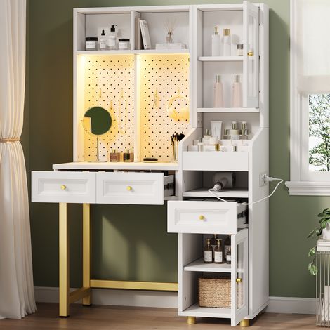 Coiffeuse LED avec Prises USB - Vitrine en Verre, Meuble coiffeuse avec rangement Panneau Perforé 3 Tiroirs - Coiffeuse Moderne, 100x45x156 cm (1/5)