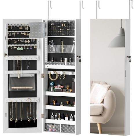 Lockable Jewellery Cabinet 108x37cm with LED Lights-Elegant White Surface and Stylish Black Lining for Organized Storage