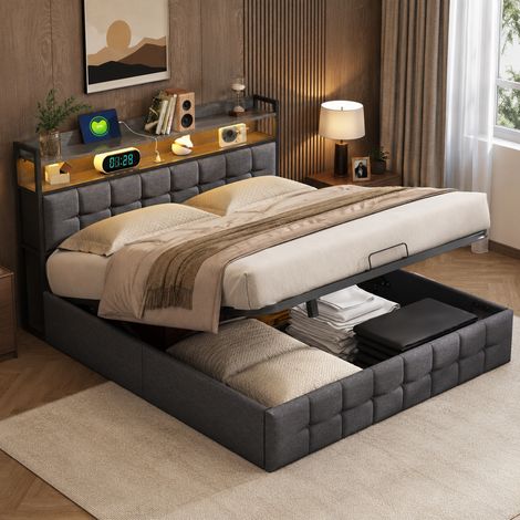 Lit coffre 140x200 avec sommier led et usb, lit rembourré avec rangement hydraulique, lit 2 personnes pour adultes et adolescents, gris lin (1/5)
