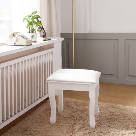 Tabouret de coiffeuse, rembourré, sans dossier, avec patins antidérapants, blanc, en bois massif et PU (1/5)