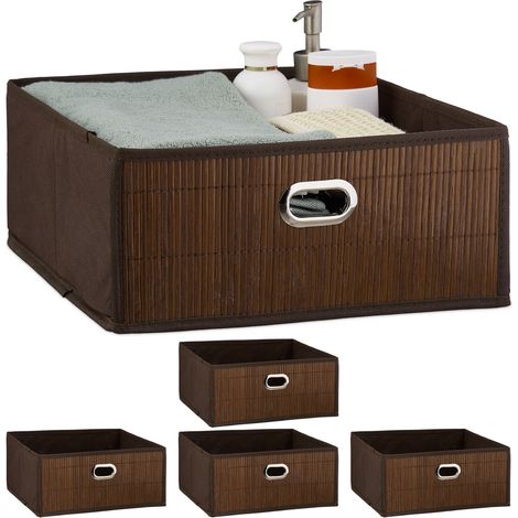 Relaxdays Set of 5 Bamboo Storage Baskets, Bathroom & Bedroom Organiser, Square, HxWxD 14 x 31 x 31 cm, Folding, Brown