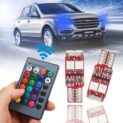 Lot de 2 ampoules LED T10 W5W RGB avec télécommande pour clignotants, éclairage intérieur de voiture (1/4)