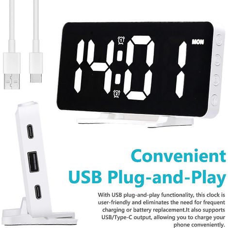 LED-Digitalwecker, 6,7 Zoll (17 cm) Spiegeldisplay, elektronische Uhr, 12/24-Stunden-Anzeige, 2 Alarmeinstellungen