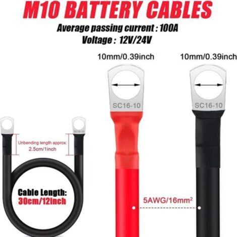 2 Pièces 30cm Câble de Batterie 16mm², Rouge et Noir Câbles d'Onduleur de Batterie 5AWG avec Cosses à Anneau Fil de Cuivre pour Motos, Voiture Diesel, Marine, Solaires, Camping Cars, (1/3)