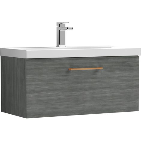 Balterley 800mm Wall Hung Bathroom 1 Drawer Vanity Unit and 1 Tap Hole Ceramic Basin, Woodgrain Anthracite with Copper Handle (1/5)