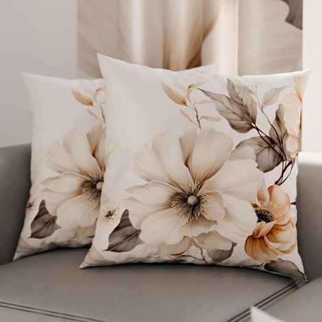 Lot de 2 Taies d'Oreillers 50x50 cm 100% Microfibre Hypoallergénique, Housse Oreiller Rectangulaire Motif Floral Beige, Paquet de 2 (1/3)