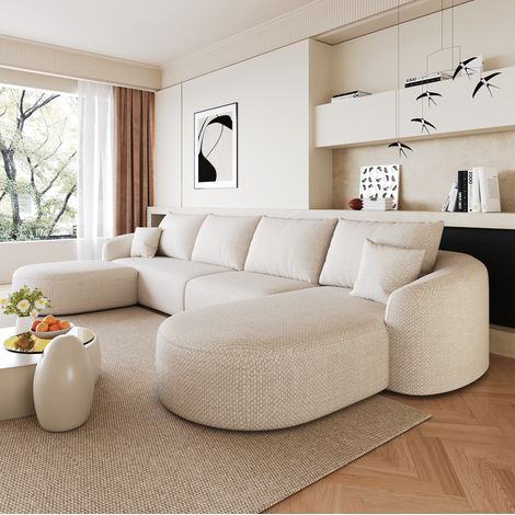 Canapé d’angle U modulable 336 cm en tissu chenille blanc, sans montage, OKWISH (1/5)