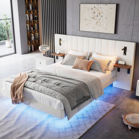 Upholstered Double Bed 150x200cm for Adults&Teens with Storage Headboard,Charging Socket,and Bedside Lamps