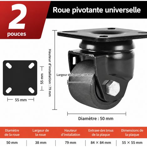 Roulette pivotante industrielle 2 pouces charge lourde 350 kg 2 38mm 350kg 79mm 10 × 8 × 10 cm 640 g – Livraison gratuite