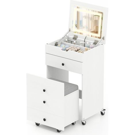 Costway – Coiffeuse enfant compacte avec miroir éclairé LED – 3 modes de couleur – Rangement optimisé avec tiroir et roulettes – Dimensions 50,5 x 40,5 x 85 cm