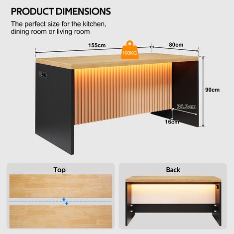 VVBV Îlot de cuisine, 80 x 90 cm, portes vitrées, mdf, noir, éclairage LED, commande via application, prises/USB (1/5)