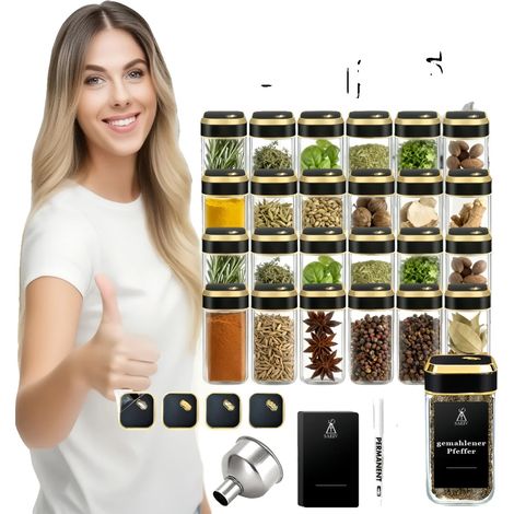 Estante para especias con diseño giratorio de 360°, incluye frascos de vidrio y etiquetas, 24 piezas. (1/2)