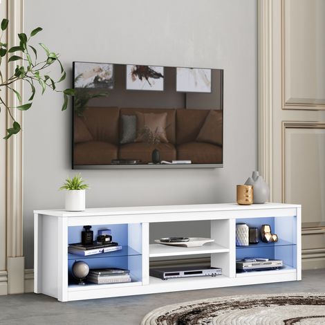 Parrot Uncle TV-Lowboard 168 cm, TV-Schrank für Fernseher bis 75 Zoll, mit 6 offenen Fächern und RGB-LED-Beleuchtung, Stauraum, Weiß