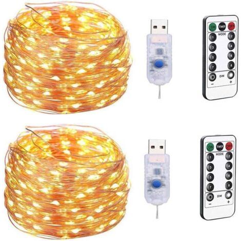 USB Christmas Fairy String Light 100LED, 10M Lampe décorative étoile à 8 Fonctions, Guirlande Lumineuse en Fil de cuivre étanche avec télécommande (2pcs) Lumière Chaude