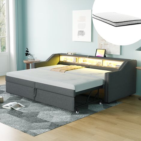Lit rembourré extensible 90/180 x 200 cm gris foncé avec rangement, LED, USB et sommier à lattes (1/5)