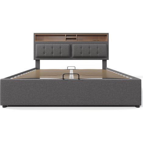 Cama tapizada de lino gris 160x200 cm con colchón, almacenaje, cabecero ajustable, somier y USB/Tipo-C (1/5)
