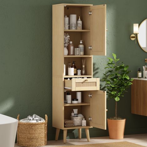 Armoire salle de bain 40x30x166cm - portes rotin + tiroir + étagères - MDF - bois - bois naturel (1/5)