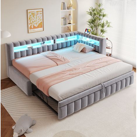 Lit banquette convertible 90x200 cm rembourré en velours avec LED, ports USB, tête de lit capitonnée et dossier rayé, gris clair (1/5)