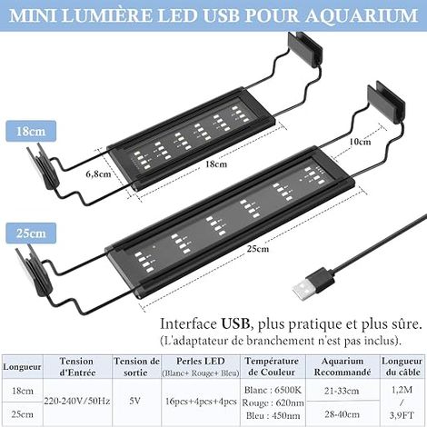 Mini USB LED Light for Aquarium, Extendable Brackets, Adjustable for Aquarium Plants, External Controller, for Freshwater Aquarium (21-33cm) (1/4)