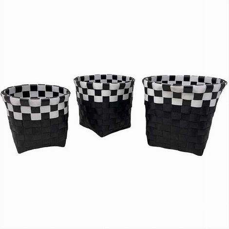 Cleafe - Set 3pz Cestini Porta Oggetti Organizer Tessuto Bagno Rotondi Nero Bianco 59073 - (1/5)