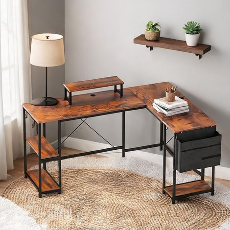 Bureau d'angle réversible en bois brun avec rangements (1/5)