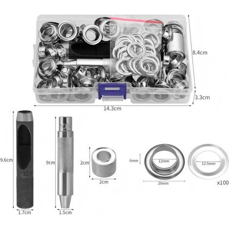 Lochstanzen-Set bestehend aus Locher Ringen Ösenzange und 100 Ösenclips für wasserdichte Stoffe Leder Textilien Vorhänge und Poolabdeckungen 10 10 mm (1/2)