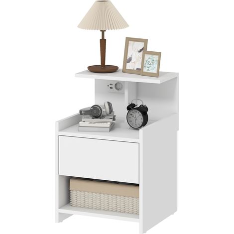 blanche, 40 x 40 x 60 cm, chambre, tiroir étagères, Table chevet station charge USB (1/5)