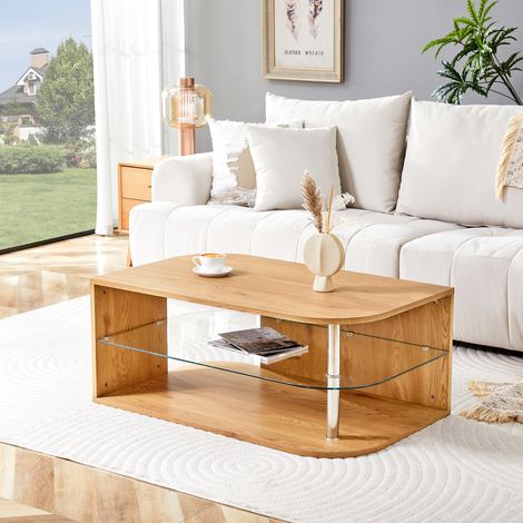 Mesa de centro con almacenamiento 100x60x42 cm, estilo escandinavo, doble espacio de guardado, madera natural y vidrio (1/5)