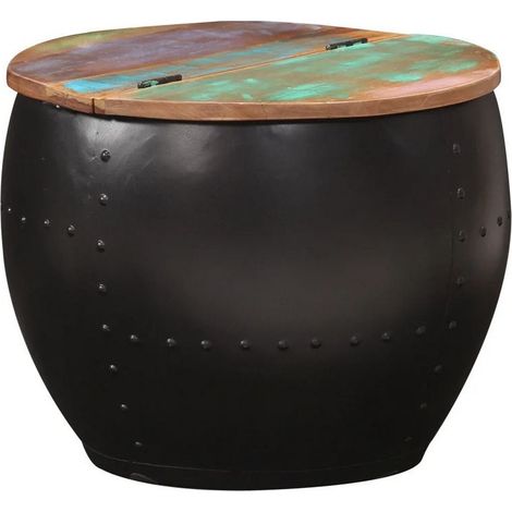 Table basse ronde bois de récupération et métal noir Tosah (1/4)