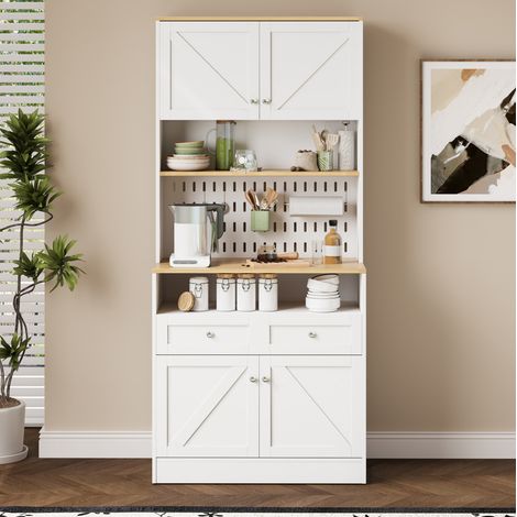 CHICFURN Aparador de cocina 80x40x175 cm blanco y madera natural, 2 cajones (1/5)