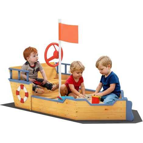 Piratenförmiger Sandkasten in Form eines Bootes mit Steuerrad, Flagge und Aufbewahrungskiste für Kinder