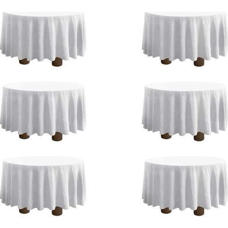 Lot de 6 nappes rondes blanches de 305 cm (120 pouces) de diamètre, en polyester lavable, idéales pour les réceptions, les buffets et les restaurants. Calculateur de taille disponible.