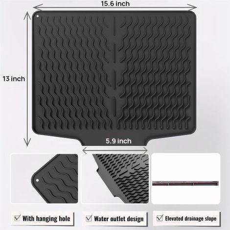 Tappetino per lavello,Tappetino per lavandino,Tappetino scolapiatti in silicone con bordo antigoccia,40 x 33 cm,Nero (1/4)