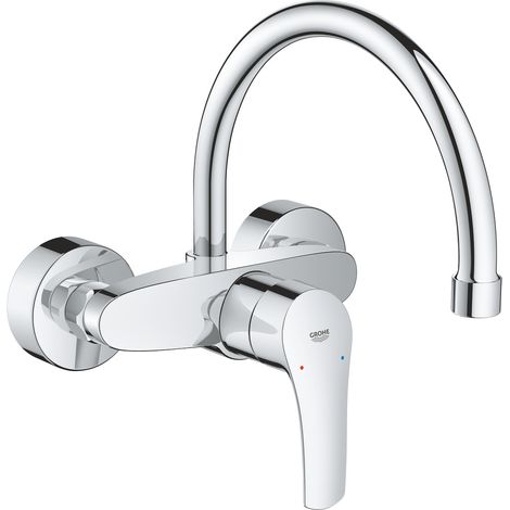 Grohe – Mitigeur monocommande d'évier mural – Finition chrome – Bec mobile 360° – Cartouche céramique 35 mm – Limiteur de débit ajustable