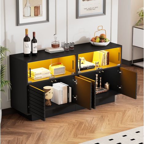 Sideboard 130 x 35 x 68 cm, mit 4 Schiebetüren, LED-Licht, viel Stauraum, Spanplatte, Schwarz (1/5)