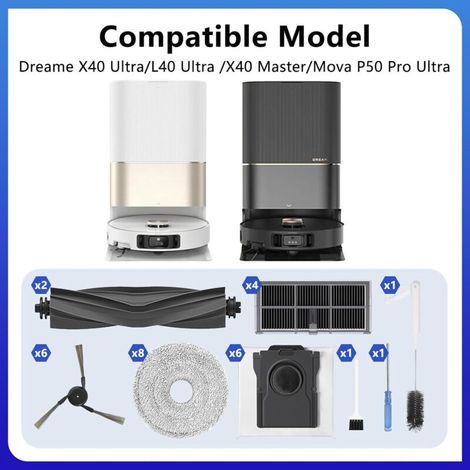Lot de 22 accessoires pour robot aspirateur Dreame X40 Ultra/L40 Ultra/X40 Master/Mova P50 Pro Ultra/P10 Pro Ultra, 1 brosse à rouleau, 4 brosses latérales, 5 sacs à charbon actif (1/3)