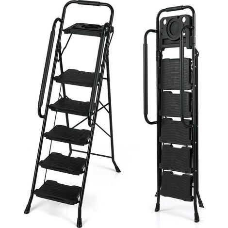 Accéder en Hauteur en Toute Sécurité avec cet Escabeau Pliant 5 Marches Marches Antidérapantes et Porte-Outils 150kg (1/2)
