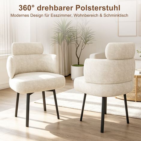 Esszimmerstuhl mit 360° Drehfunktion, gepolsterter Armlehnstuhl mit Chenille-Bezug und geschwungener Rückenlehne, komfortabler Polsterstuhl für Esszimmer, Wohnzimmer und Schminktisch, Creme‑Weiß (1/5)
