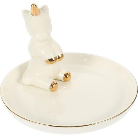 Plateau à Bagues à Thème Licorne en Céramique Blanche 13 Cm, Porte-bijoux Multifonction pour Rangement Bijoux et Accessoires, Fournitures D'affichage Décoratives pour Coiffeuse (1/5)