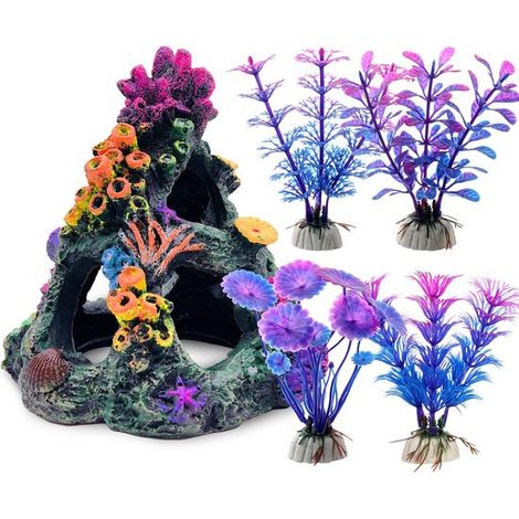 1 Montagne de Corail + 4 Plantes Aquatiques - Kit Récif Corail Coloré pour Aquarium - Accessoires de Décoration pour Aquarium (1/5)